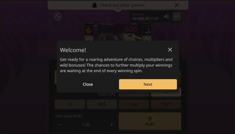 Lion Zama Fruits Bonus Spins - sesiune activă cu simboluri clasice de fructe și 777